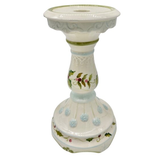 Tracy Porter Hand Painted Holiday Candle Holder Holly and Snowflake 9 inch Tall - Picture 10 of 12